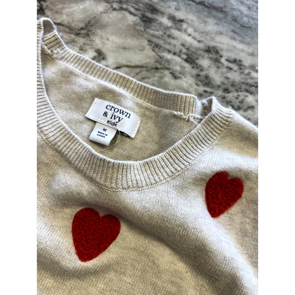 Crown & Ivy Ivory Heart Print Ruffle Sweater Girls Size Medium