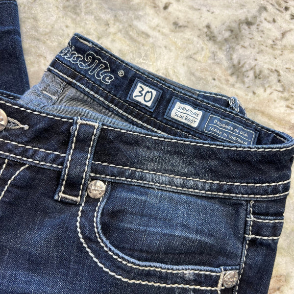 Miss Me Embellished Pocket Dark Wash Signature Straight Bootcut Jeans Size 30