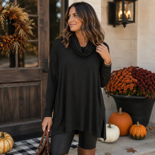 Zenana Black Cowl Neck Side Slit Sweater Size Large