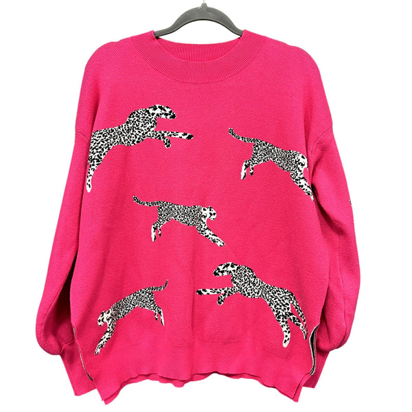 She + Sky Boutique Hot Pink Leopard Oversized Sweater Small