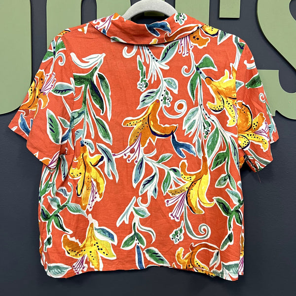 Rachel Roy Orange Tropical Linen Short Sleeve Button Down Size Large