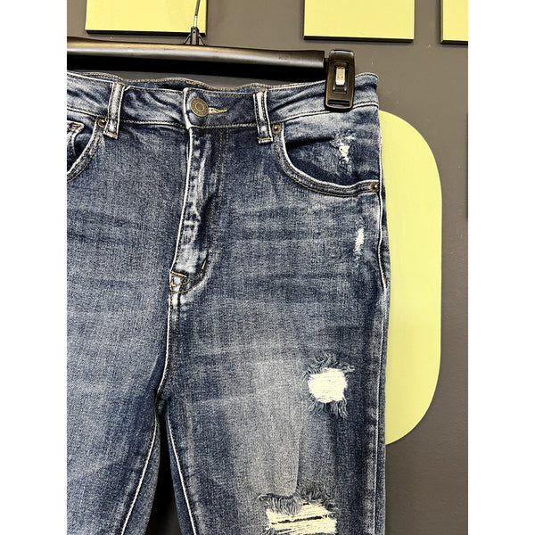 Risen High Rise Dark Wash Distressed Skinny Jeans Size 28