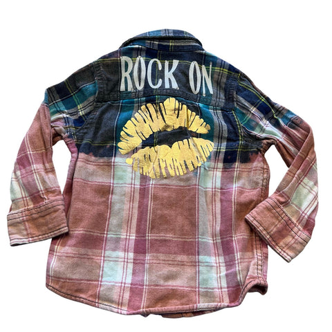 Rock On Embellished Metallic Lips Distressed Flannel Size 18 Mo.