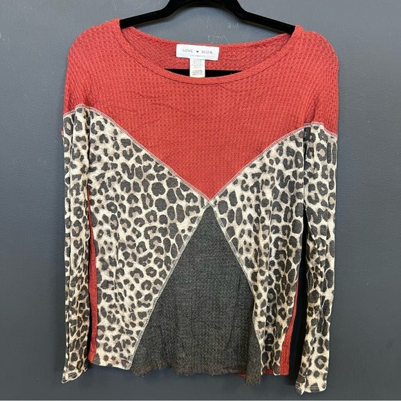 Love Kuza Waffle Color Block Pattern Long Sleeve Top Small