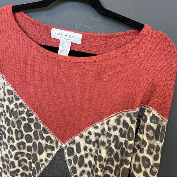 Love Kuza Waffle Color Block Pattern Long Sleeve Top Small