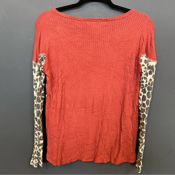 Love Kuza Waffle Color Block Pattern Long Sleeve Top Small
