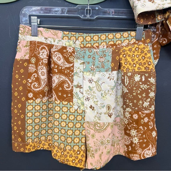 Bohemian Patchwork Floral Crop Top Tie + Shorts Set Large