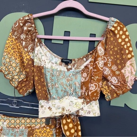 Bohemian Patchwork Floral Crop Top Tie + Shorts Set Large