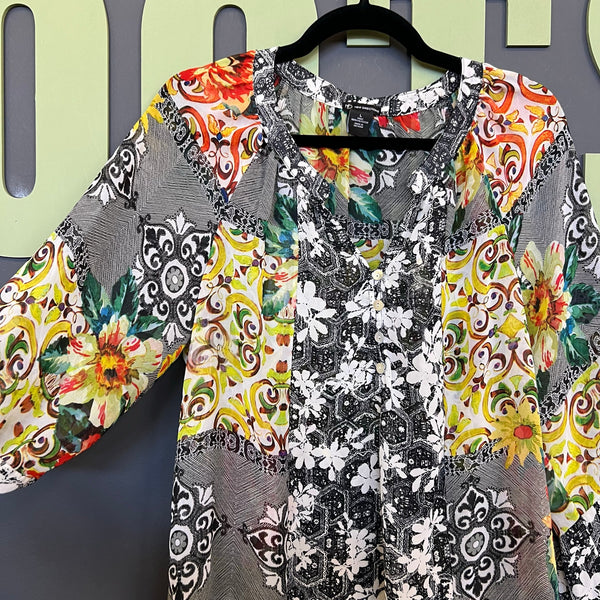 New Directions Mixed Print V-Neck Sheer Blouse Large