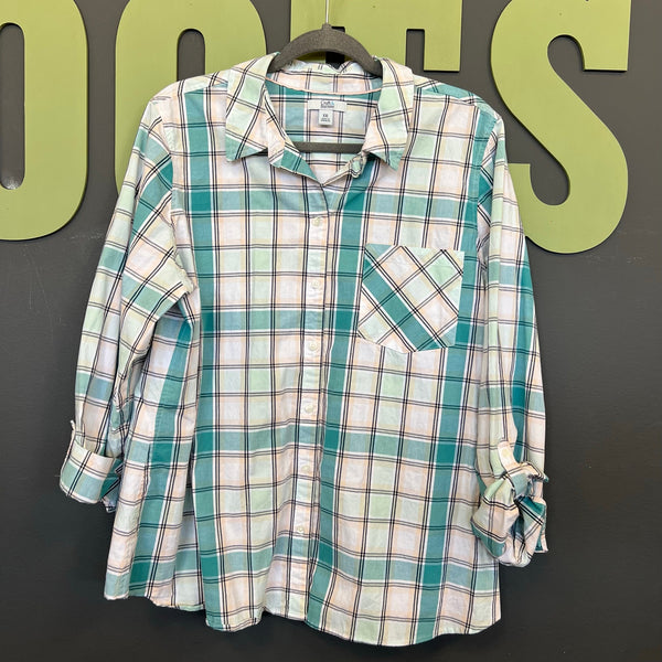 Croft & Barrow Women's Button Down Teal Checkered Blouse XXL