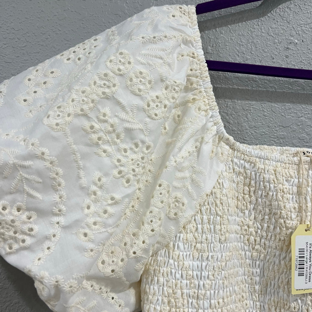 NWT Jodifl Floral Embroidered Smocked Ivory Dress Large NWT Jodifl Floral Embroidered Smocked Ivory Dress Large