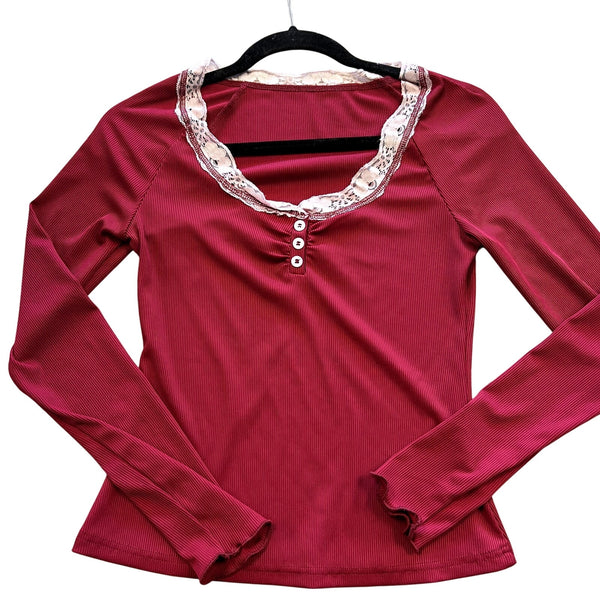 Women's Maroon Ribbed Lace Long Sleeve Blouse Size Medium
