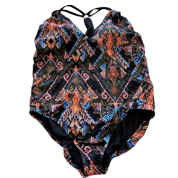 NWT Time and Tru Mayan Black Orange Blue One Piece Swimsuit 2XL