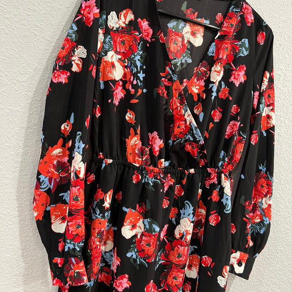 NWOT Black Floral Side Slit Long Sleeve V-Neck Maxi Dress Large