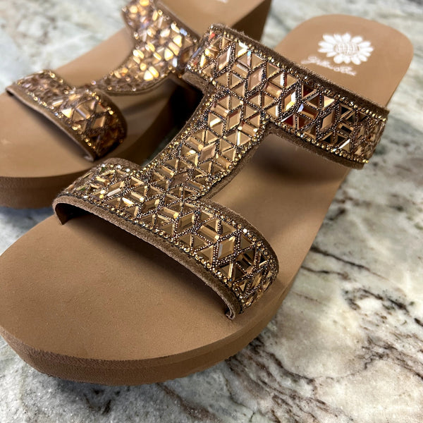 Yellowbox Witley Wedge Brown Embellished Sandals Size 9.5