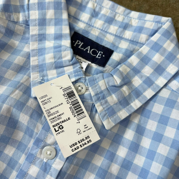 NWT Children's Place Light Blue + White Gingham Button Down size L 10/12