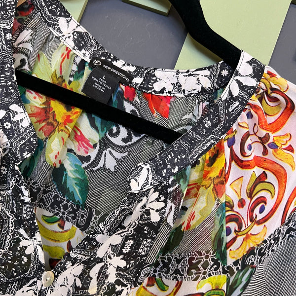 New Directions Mixed Print V-Neck Sheer Blouse Large