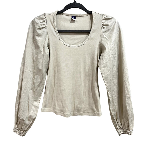 NWT Old Navy Beige Puff Sleeve Mixed Material Ribbed Long Sleeve Blouse XS