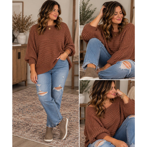 Women's Scoop Neck Dolman Sleeve Chunky Knit Brown Sweater Plus Size 2XL