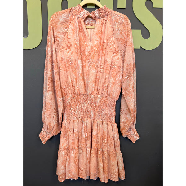 Flying Tomato Smocked Pink Long Sleeve Animal Print Ruffle Mini Dress Large