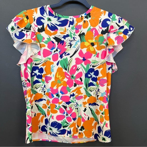 Women’s Floral Vibrant Ruffle Sleeve Keyhole Back Blouse Medium