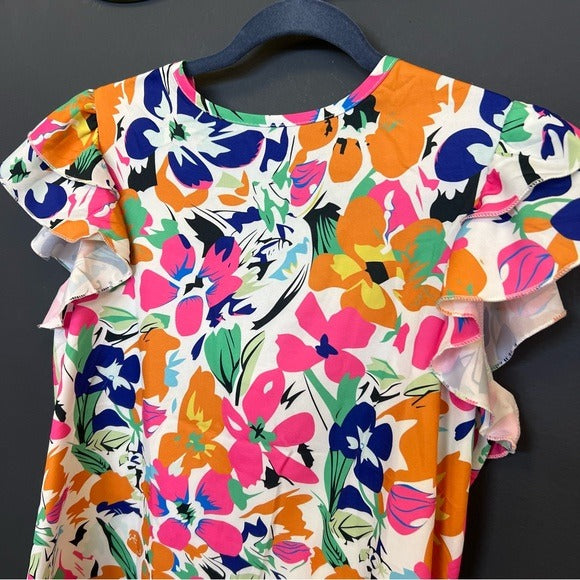 Women’s Floral Vibrant Ruffle Sleeve Keyhole Back Blouse Medium