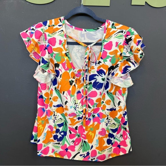 Women’s Floral Vibrant Ruffle Sleeve Keyhole Back Blouse Medium