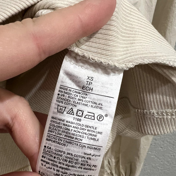 NWT Old Navy Beige Puff Sleeve Mixed Material Ribbed Long Sleeve Blouse XS