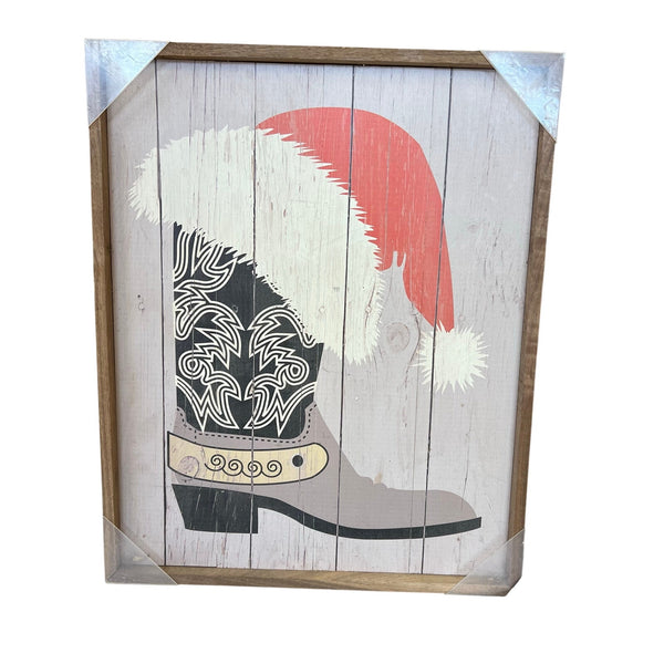 Western Boot Farmhouse Santa Christmas Wall Decor 21x17