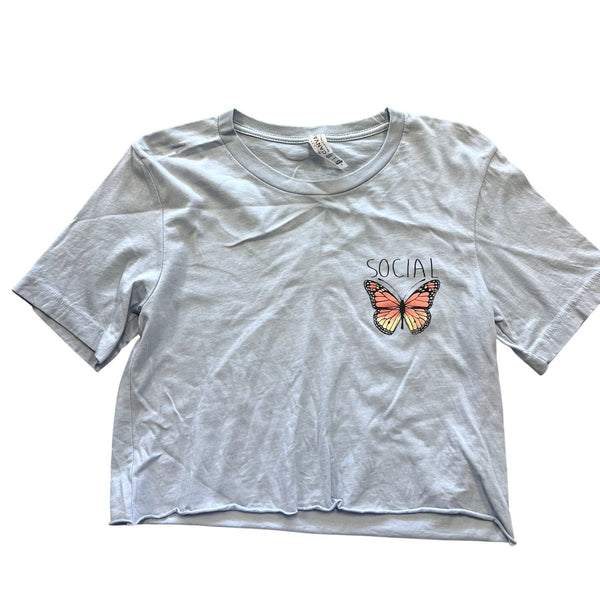 Women's Social Butterfly Light Blue Crop Graphic Top Small
