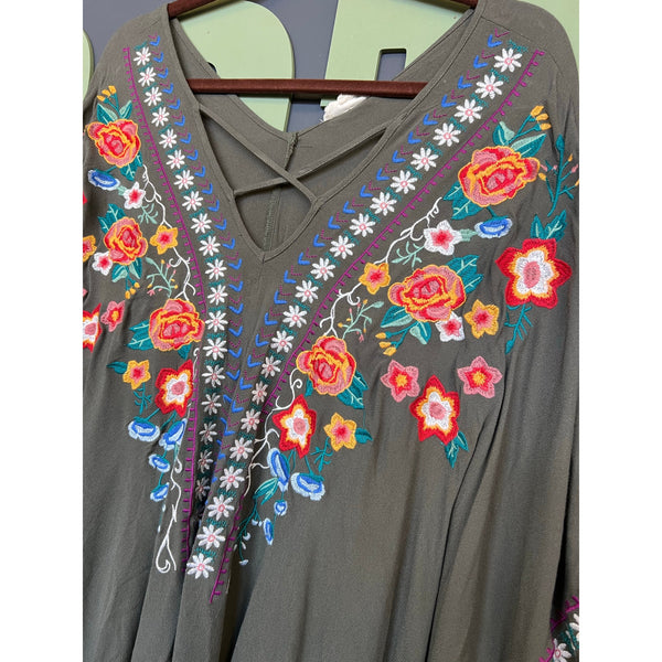 Oddy Women's Olive Green Embroidered Swim Coverup One Size