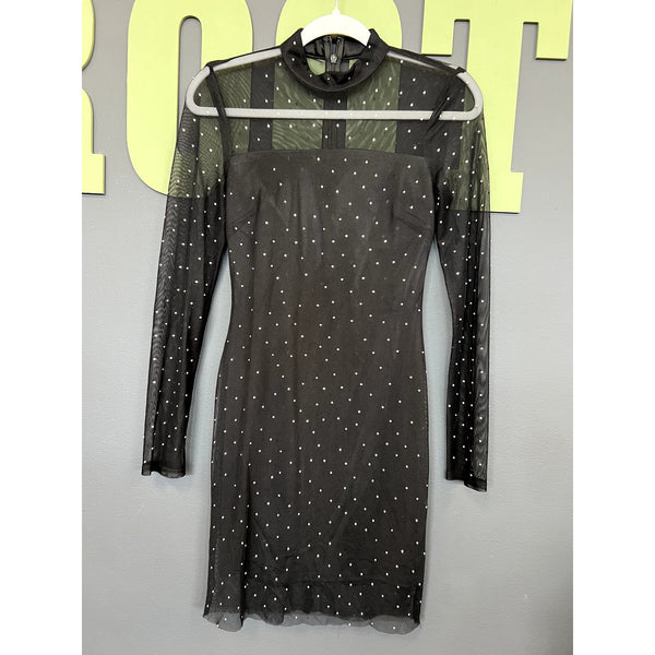 Women’s Black Rhinestone Sheer Mesh Bodycon Mini Dress Size 1/2