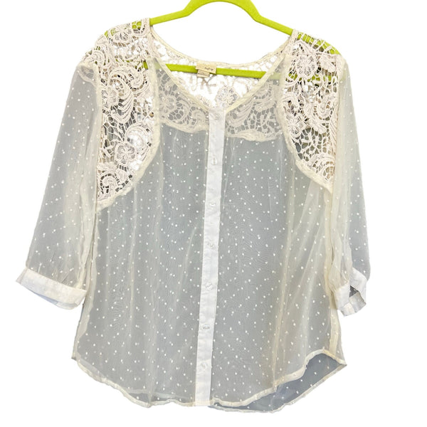 BKE Daytrip Lace Sheer Swiss Dot Button Down Blouse Large