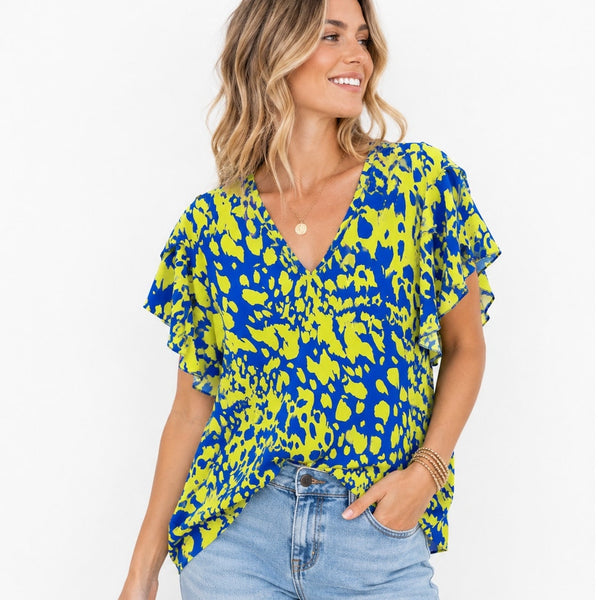 Women's Green + Blue Ruffle Sleeve Blouse Large