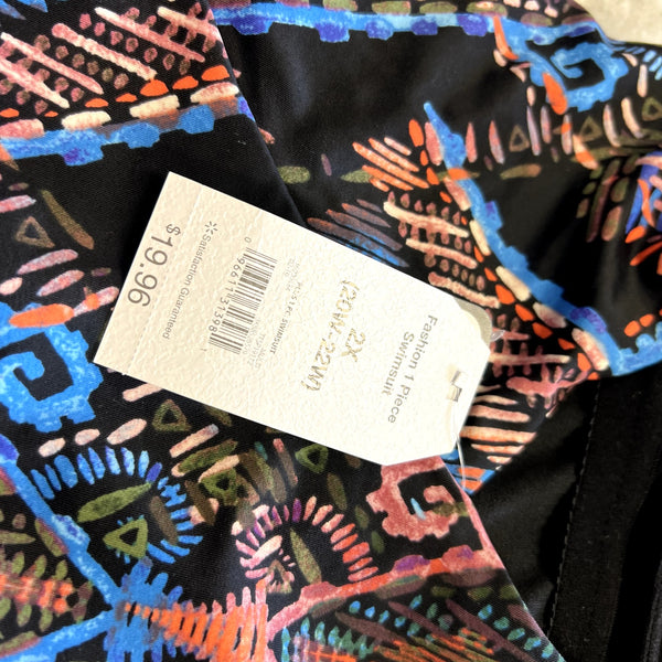 NWT Time and Tru Mayan Black Orange Blue One Piece Swimsuit 2XL