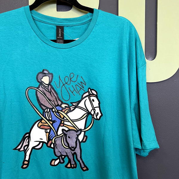 Yeehaw Teal Roping Rodeo T-Shirt Size 2XL