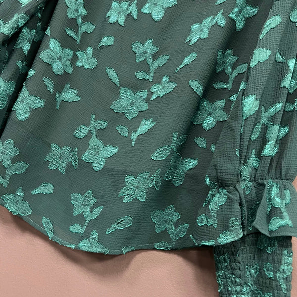 Mittoshop Boutique Emerald Green Floral Embroidered Ruffle Sleeve Blouse Large
