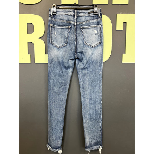 Risen High Rise Dark Wash Distressed Skinny Jeans Size 28