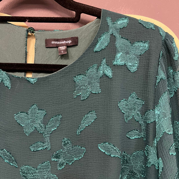 Mittoshop Boutique Emerald Green Floral Embroidered Ruffle Sleeve Blouse Large