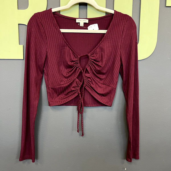 NWT Moa Moa Maroon Ribbed Ruched Front Blouse Size Medium