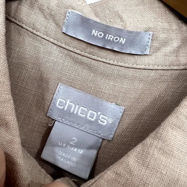 Chico's No Iron Half Button Tan Linen Blouse Size 2