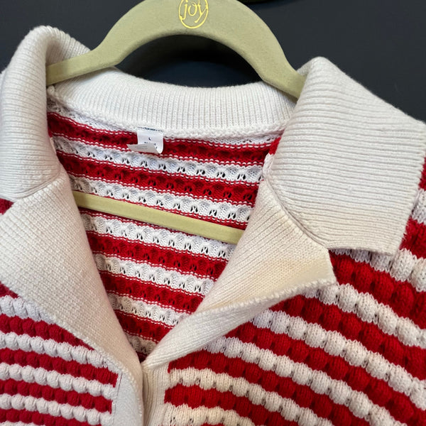 Old Navy Women's Red + White Button Down Knit Short Sleeve Sweater Large