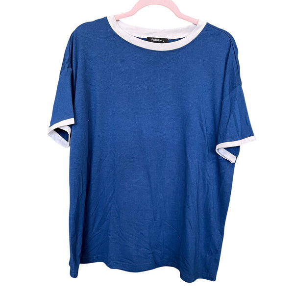 Women's White + Blue Short Sleeve Blouse XL