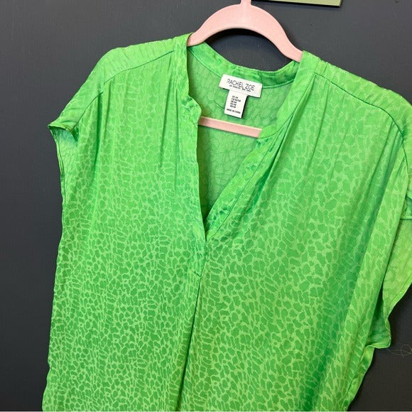 Rachel Zoe Lime Green Animal Print V-Neck Silky Blouse Medium