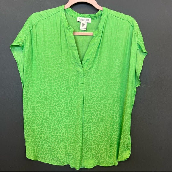 Rachel Zoe Lime Green Animal Print V-Neck Silky Blouse Medium