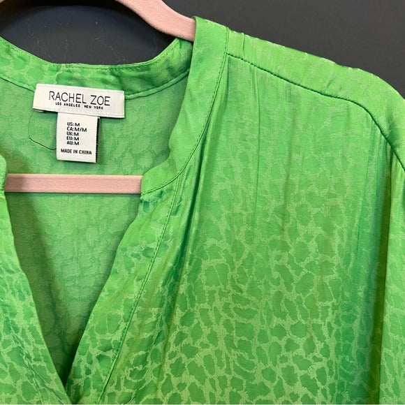 Rachel Zoe Lime Green Animal Print V-Neck Silky Blouse Medium