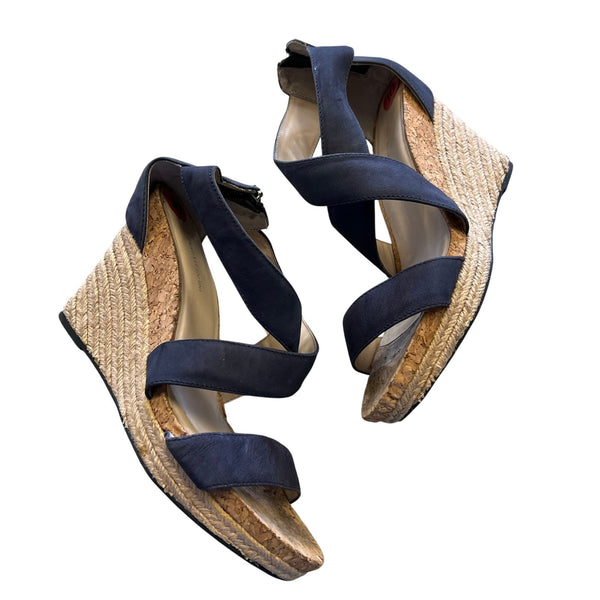 Adrienne Vetadini Black Strappy Cork Espadrille Wedge Heels Size 10