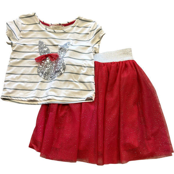B Tween Sequin Bunny + Mesh Skirt Set Size 7/8
