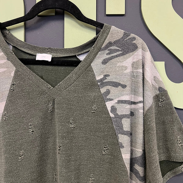 12PM Boutique Olive + Camo Distressed V-Neck Blouse Large