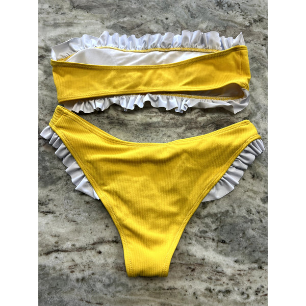 Yellow + White Ruffle Two Piece Cheeky Bikini Swimsuit Size Medium